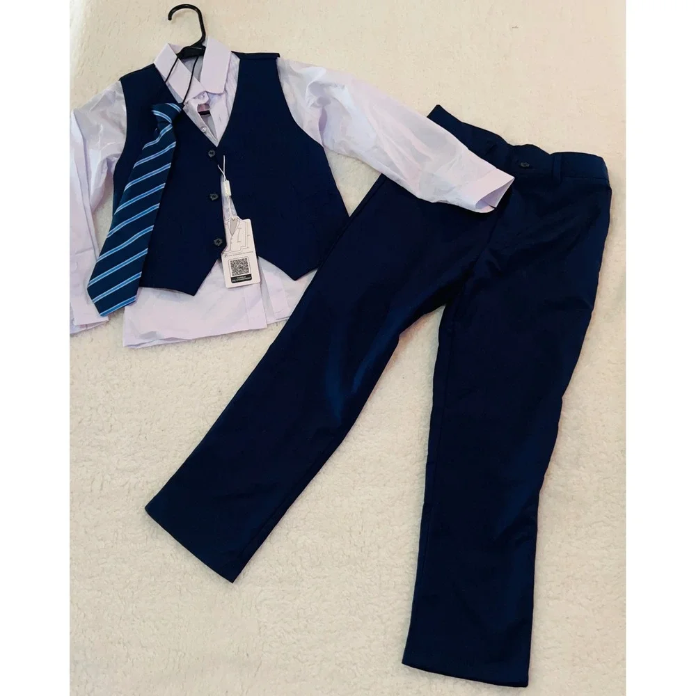 Yuanlu Boys 4 Piece Navy Blue Suit Set Vest PaShirt Tie Formal Wedding Size 7